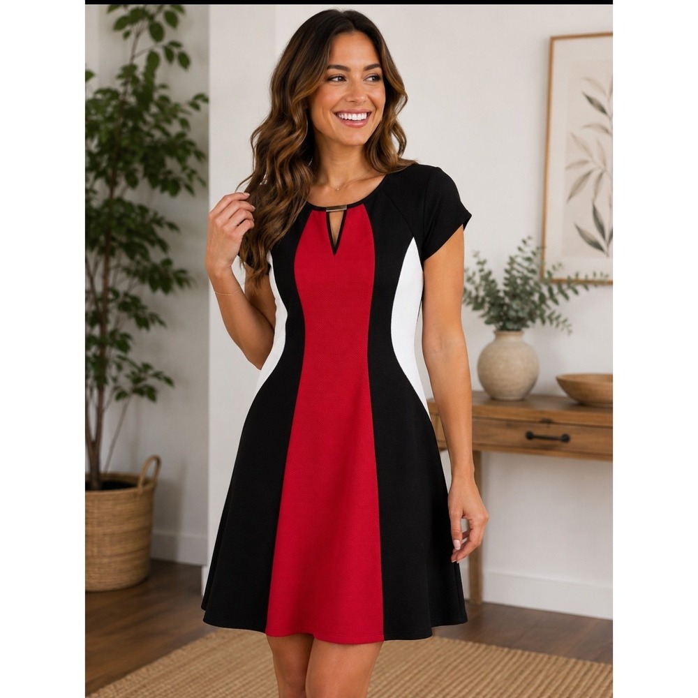 Studio One Colorblock Fit & Flare Dress Red Black White Keyhole 8 Office Date